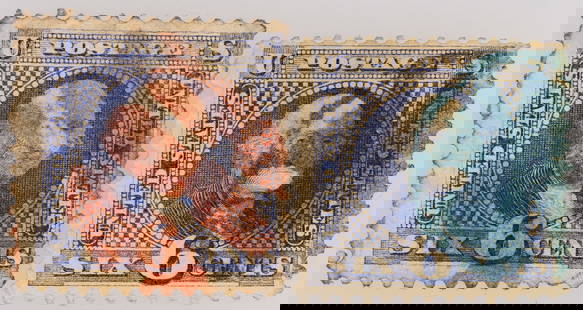 Scott #115, Washington 6c, Pair [182172]: Scott #115, blue Washington 6c stamps, pair. Red and blue cancelation marks. Red mark stamp is dirty with a right corner fold. Blue mark stamp, perforation missing on the upper right. See photo.^Date: