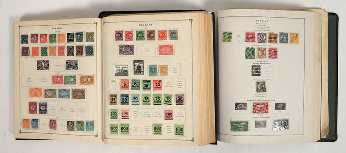 Two Albums of Postage Stamps [198427]: Lot of 2. 1. The International Junior Postage Stamp Album. Stamps from a round the world. Not complete, but stamps from he 1800's through the 1940. 2. The National Postage Stamp Album. U.S. Stamps col