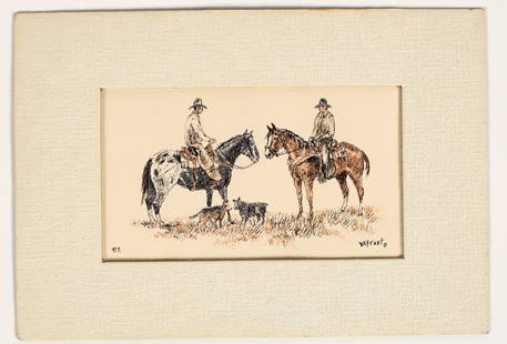 Barbara East Attributed Art Print 1971  [197826]: This is a matted card signed B (underlined) F (underlined) lower left and "BF/ East '71" lower right. The sketch is 3.25 in. X 5.5 in. matted at 4.5 in. X 6.5 in. depicting two cowboys on horseback wi