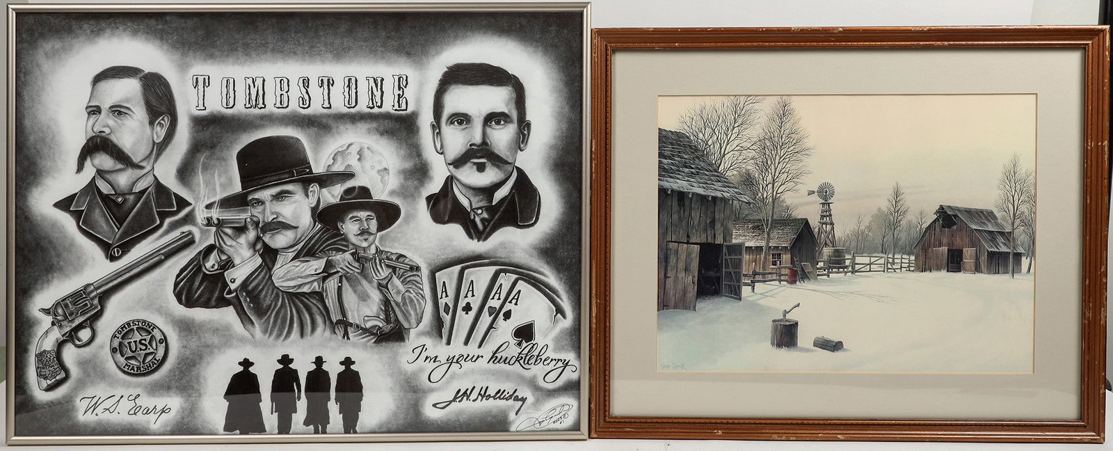 Vintage Artwork and Posters, Professionally Framed (4) [197192]: Prints in excellent condition, professionally framed."Tombstone" movie poster, rare. Features a black and white collage of Doc Holliday & Johnny Ringo, played by Val Kilmer and Michael Biehn respectiv
