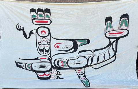 Pacific Northwest Art Banner 9'X12' [197828]: This Pacific Northwest art banner depicts an Orca whale and the Sea Hawk. More images may be recognized by the trained eye. It measures roughly at 9 ft. X 12 ft. on artist quality canvas. It was likel