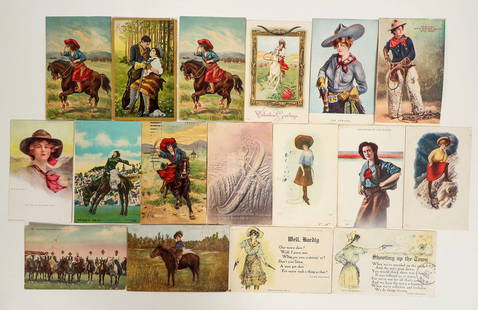 Cowgirls Postcard Collection [199773]: Lot of 17. No RPPC. Includes: Frontier Day, Cheyenne; Tad Lucas; cowgirl with Buffalo Bill's Wild West show; four raised cards; two in a series of Walter Juan Davis; and more early printed color cards