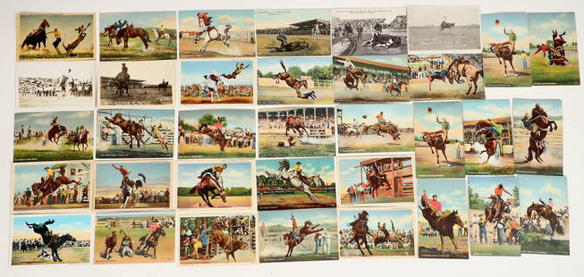 Named Cowboys Postcard Collection [199775]: Lot of about 35 postcards, including 3 real photo. Most are linen. Feature cowboys that are identified including: Pete Galigo, Billy Kingham, Driscoe, Frank Van Meter, John Smith, Troy Fort, and more.