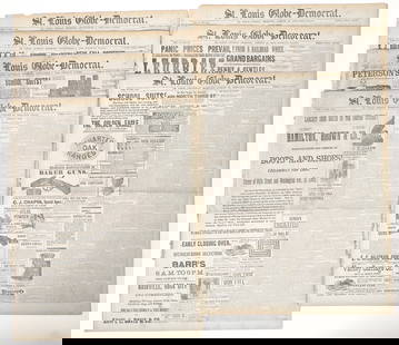 Frank James Trial Newspaper Group, 1883 [193673]: 13 issues dated between August 24 and Sept 7, 1883 with front page stacked headlines and long detailed coverage of the trial of Frank James at Gallatin, Missouri. Jesse James died in the prime of his