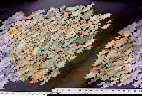 Rough Turquoise, No. 8 Mine of Nevada [200631]: Rough turquoise - small-medium oxidized pieces, untreated. Light blues and greens. Approximate weight 11.2 pounds. Pieces in the lot range from around 1" to 2.5" in length. This turquoise originates f