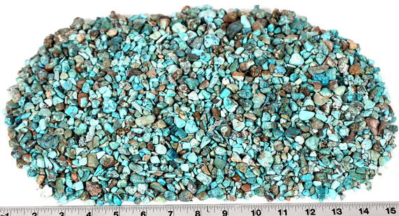 Nevada Treated Turquoise Nuggets, 1350g [195958]: Small turquoise nuggets, all treated, ranging from deep green-blue to pale blue in color. Approximate weight 1350 grams. Pieces in the lot range from around .2" to 1" in length, with most beneath .5".