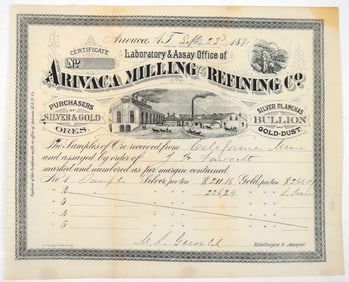 Assay Certificate for the California Mine and Arivaca Milling & Refining Co. Arizona Territory 1881