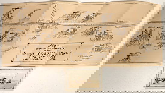 Joplin, Missouri Lead-Zinc Mining Caricature Map Plus Snapshot Photo [199744]: Lot of 2. 1) Fantastic caricature map "Showing the Property of the United Standard Lead and Zinc Company and Adjoining Mines." WW Bearden, ME, Joplin, Mo., Nov. 27th, 1906. 8.75 x 22" Many folds, a fe