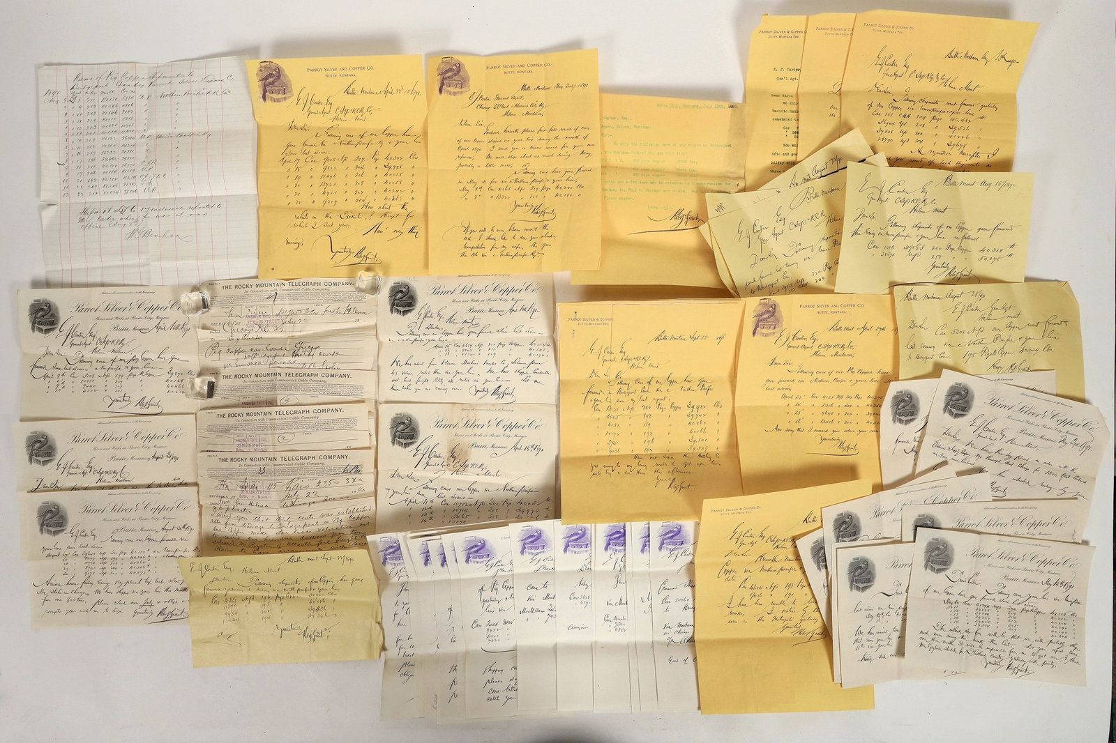 Parrot Silver & Copper Co. Correspondence c. 1891 [197801]: This file of correspondence papers are from the Parrot Silver & Copper Co. of Butte, Montana for shipments of copper pig ingots with Northern Pacific RR to Connecticut. Amazing amounts of ore shipped