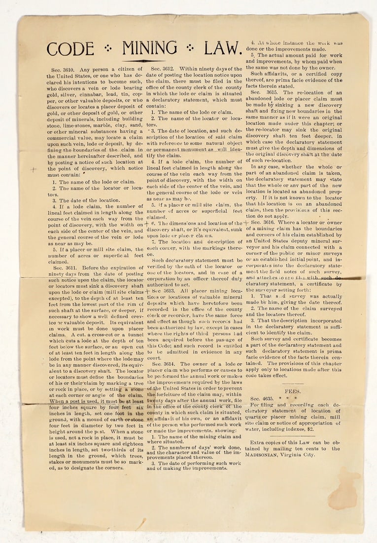 Rare Montana Mining Law Broadside, c. 1890 [198698] (1 of 1)