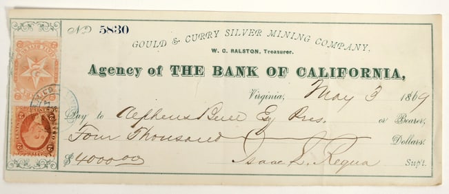Gould & Curry Mining Check Issued to President Alpheus Bull [199024]