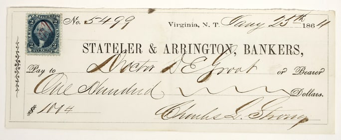 Virginia City, Nevada Territory Mining Check Issued to Henry DeGroot  [199026]