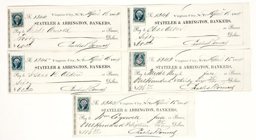 Stateler & Arrington, Gould & Curry, Virginia City, Nevada Territory Check Group (5) [199185]