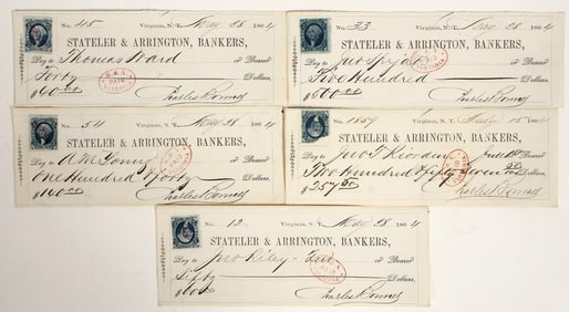 Five Stateler & Arrington Territorial Comstock Checks w/ Red Cancels [199795]