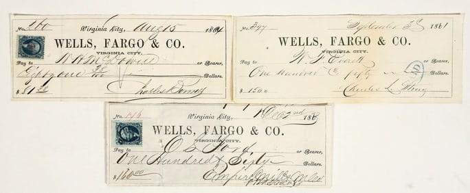 Three Different Territorial Virginia City, Nevada Wells Fargo Checks from Mines [199183]