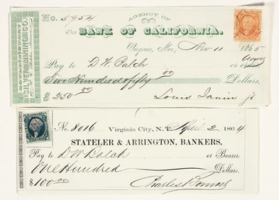 Virginia City, Nevada Gould & Curry Mine Check Pair Issued to Assayer DW Balch [199162]