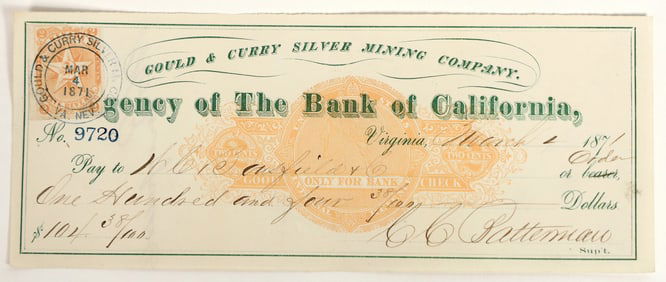 Gould & Curry Virginia City, Nevada Check Issued to Assayer WC Bousfield  [199021]