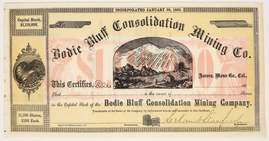Bodie Bluff Consolidated Mining Co. Stock Certificate Signed by Leland Stanford [197611]