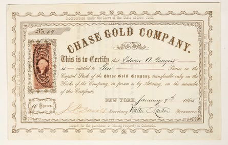 Chase Gold Company Stock Certificate, Colorado Territory, 1865 [200310]