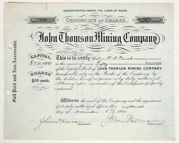 John Thomson Mining Company Stock Certificate [200459]