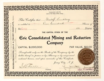 Erie Consolidated Mining & Reduction Company Stock Certificate [200312]