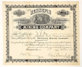 Hennepin Mining Company Stock Certificate Issued to Namesake of Mining Town [200305]