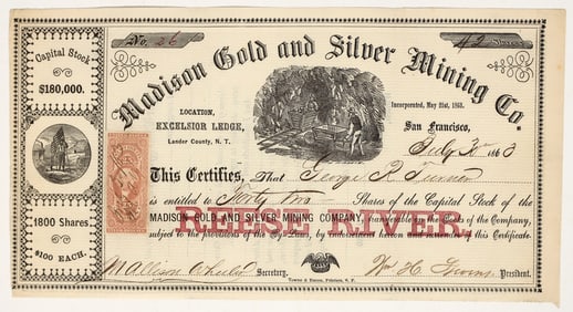 Madison Gold & Silver Mining Company Stock Certificate, Lander County, NT [200450]
