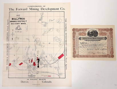 Bullfrog -Jumbo Mining Company Stock & Map [193342]: Stock certificate issued by the Bullfrog-Jumbo Mining Company on December 12, 1905 to M.E. Schellinger. It's signed by E.C. Winn, secretary and C.M. Smith president. There's also an 11"x 18" illustrat