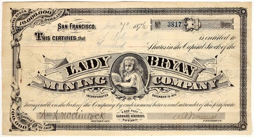 Lady Bryan Mining Company Stock Certificate (GT Brown Lith.) [200451]