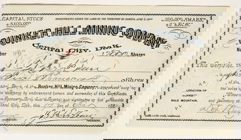 Bunker Hill Mining Company of Central City, Dakota Stock Certificate [200335]