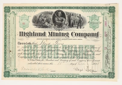 Highland Mining Co. Stock Certificate, 1895, Tevis Signed 2x, Cert No. 12 [200567]