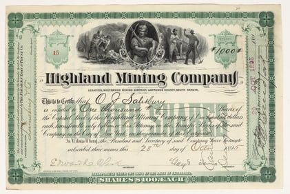 Highland Mining Company Stock Certificate #15 [200565]