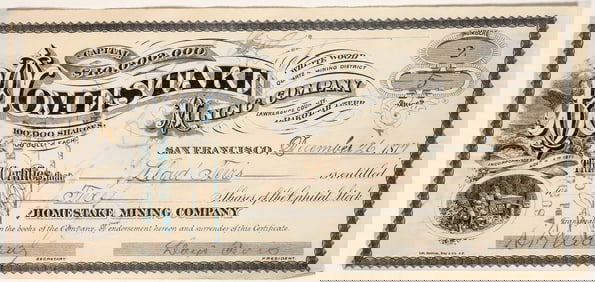 Homestake Mining Co. Stock Certificate No. 2, 1877, Tevis - Haggin [200568]