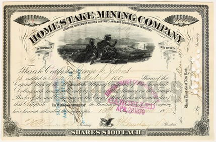 Homestake Mining Company Stock Certificate, #2 Issued, 1878 [200319]