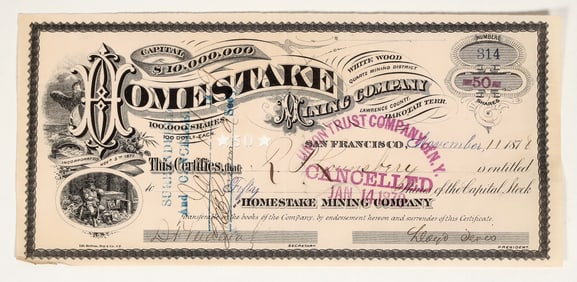 Homestake Mining Company Stock Issued to Vice President Lounsbery, Tevis Autograph [200328]