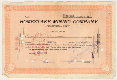 Homestake Mining Company Fraction Scrip Stock Certificate, #1 Issued [200321]