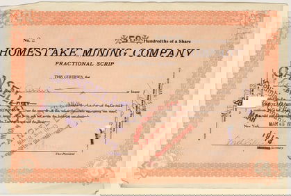 Homestake Mining Company Fraction Scrip Stock Certificate, #2 Issued [200322]