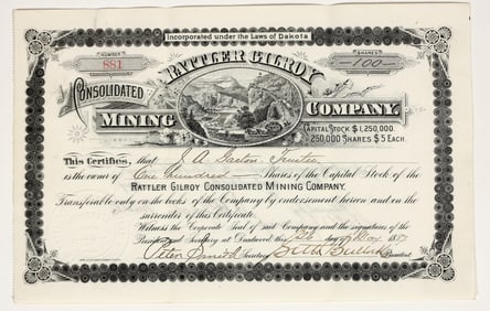 Rattler Gilroy Consolidated Mining Company Stock Certificate Signed by Seth Bullock [200324]