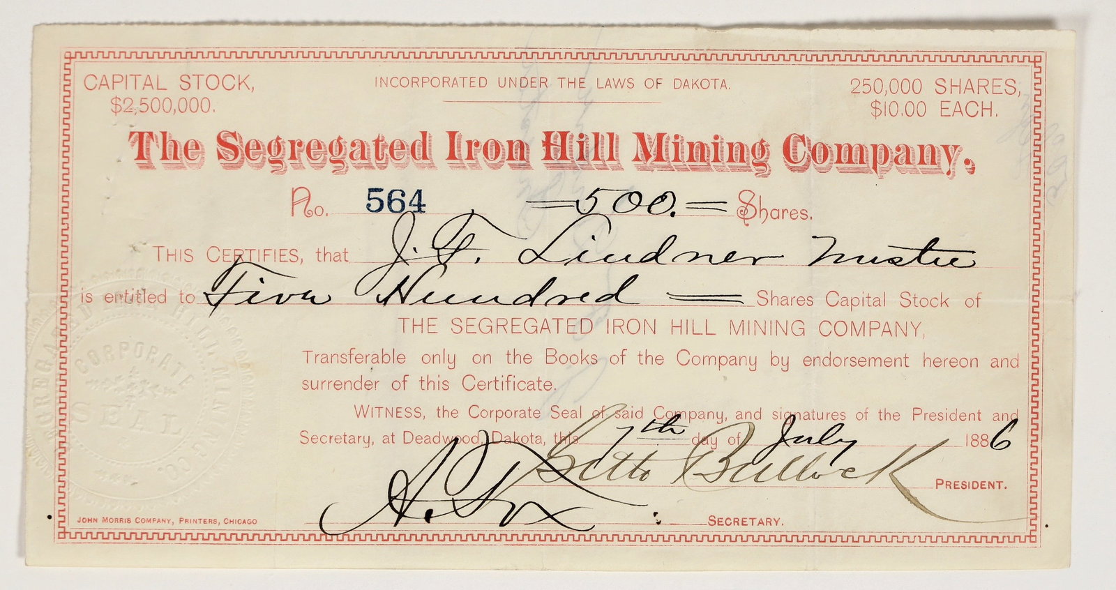 Segregated Iron Hill Mining Company Stock Certificate Signed by Seth Bullock [200323] (1 of 1)