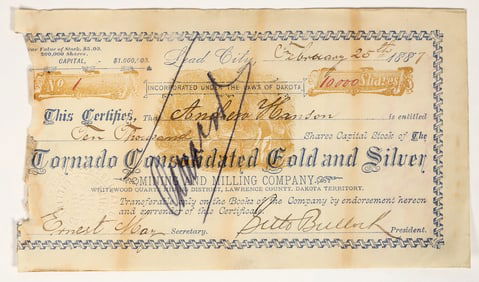 Tornado Consolidated Gold & Silver Mining & Milling Stock #1 Signed by Seth Bullock [200325]