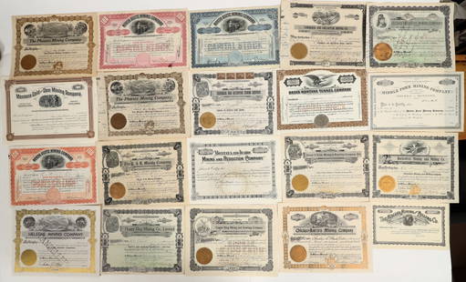 Western Mining Stock Collection (22 Different) [199759]: Lot of 22 different. Idaho, Montana, Washington, Colorado. Earliest is unissued Colorado 1870s. Latest is 1930s. Includes Basin Montana Tunnel Co., Copper King Mining & Smelting Co., Hidden Treasure M