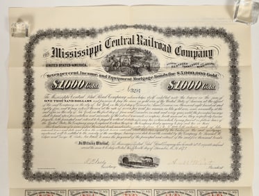 Mississippi Central Railroad Bond Signed by Two Confederate Veterans [196921]
