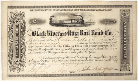 Black River & Utica Rail Road Co. Stock Signed by John Butterfield [197291]