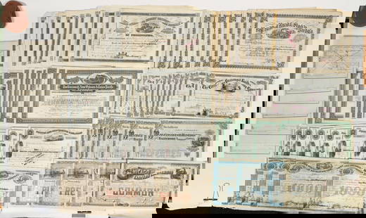 Huge US Railroad Stock Collection [200343]: Lot of 75+. Issued 1830s-1920s. 17 Cincinnati, New Orleans, & Texas Pacific Railway; 8 Cincinnati, Washington & Baltimore RR; 9 Bell Rail Road & Stock Yard Co.; 5 Continental Passenger Railway Co.; 6