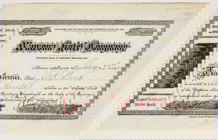 Wawona Hotel Company Stock Certificate, #5 Issued, 1891 [200337]