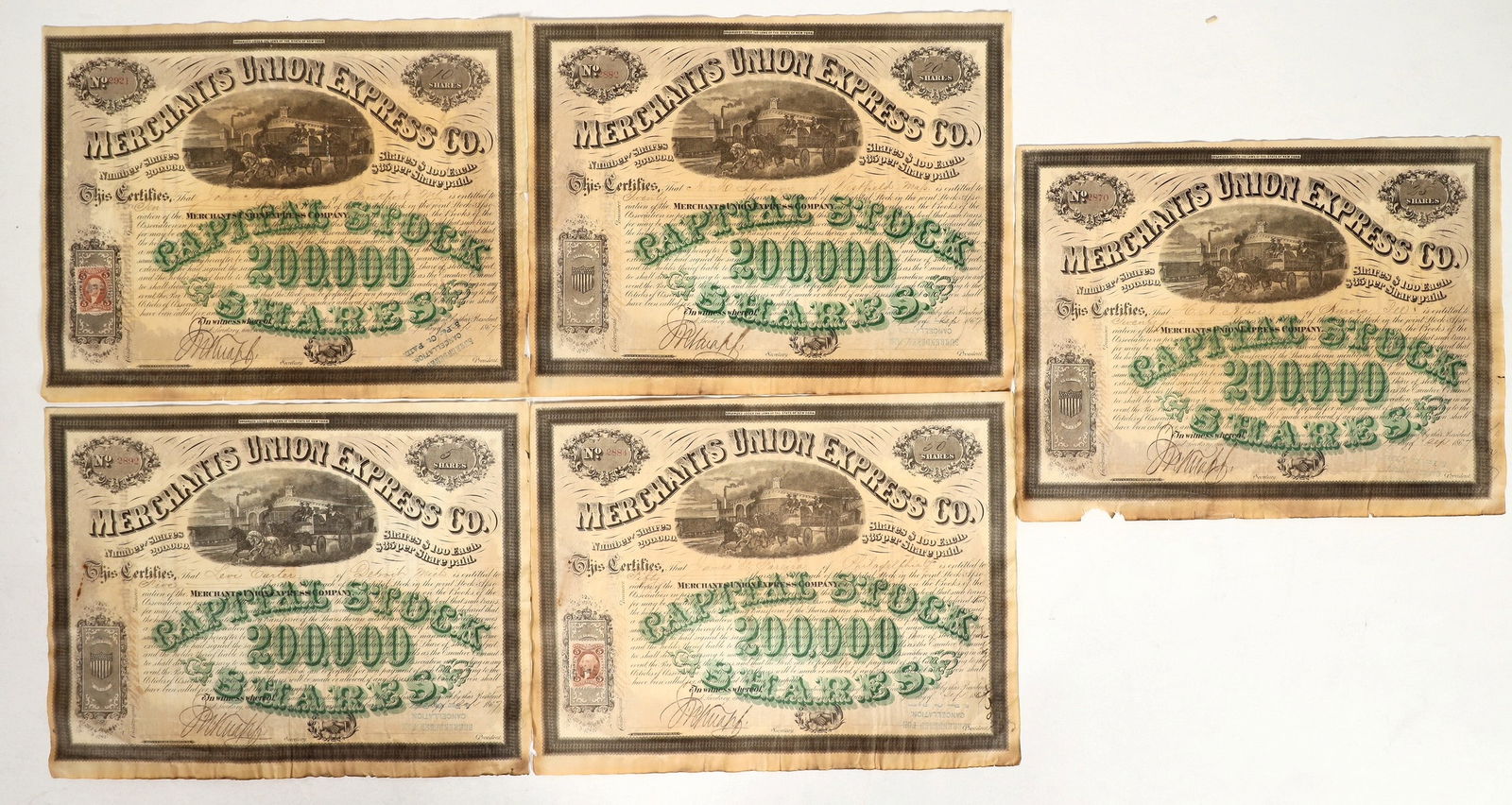 Merchants Union Express Company Stock Certificates (5) [199963] (1 of 1)