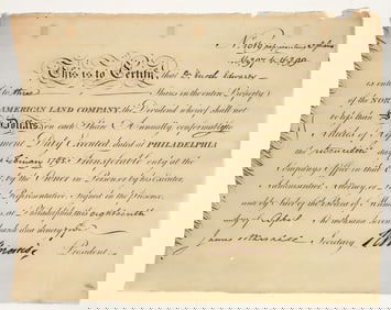 North American Land Company Stock Signed by Founding Father Robert Morris [197909]