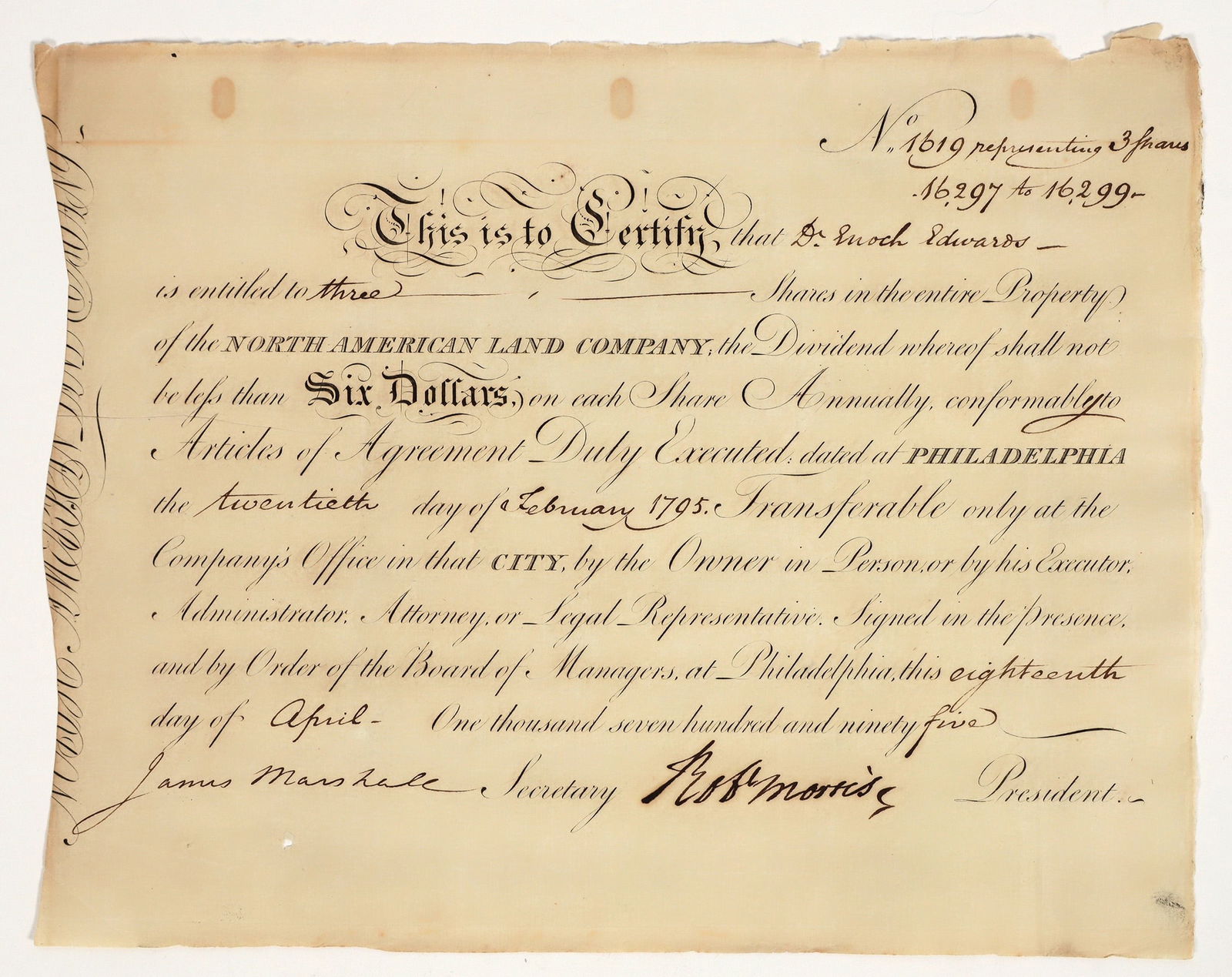 North American Land Company Stock Signed by Founding Father Robert Morris [197909]: North American Land Co. stock issued to Dr. Enoch Edwards in 1795. Signed by Robert Morris as president and James Marshall as secretary. NOT CANCELLED. 9.75 x 12" Dr. Enoch Edwards was the well-known