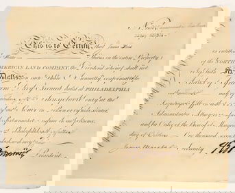 North American Land Company Stock Signed by Founding Father Robert Morris, Uncancelled [199263]
