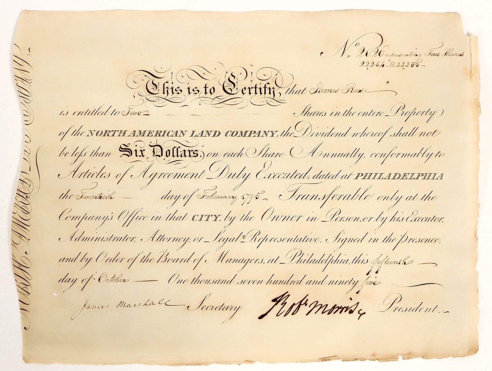 North American Land Company Stock Signed by Founding Father Robert Morris, Uncancelled [199264]: North American Land Co. stock issued to James Rees in 1795. Signed by Robert Morris as president and James Marshall as secretary. Morris' signature is not cancelled! 9.75 x 12" Robert Morris was the f